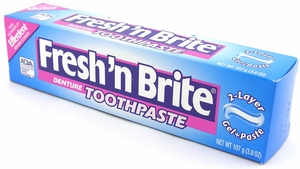 Example of denture toothpaste Picture taken from www.shopinprivate.com/frnbrdeto.html